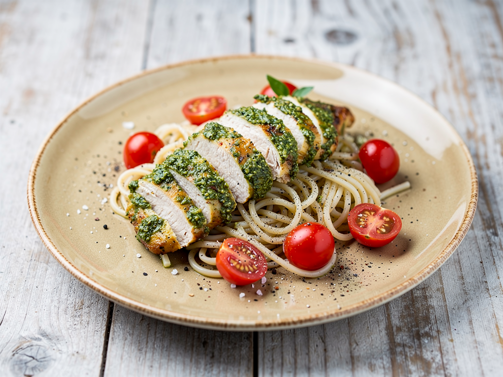 Kurczak w sosie pesto z makaronem ryżowym